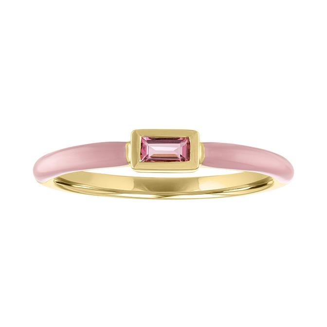 Yellow gold skinny band with pink enamel and pink tourmaline bezeled baguette in the center.
