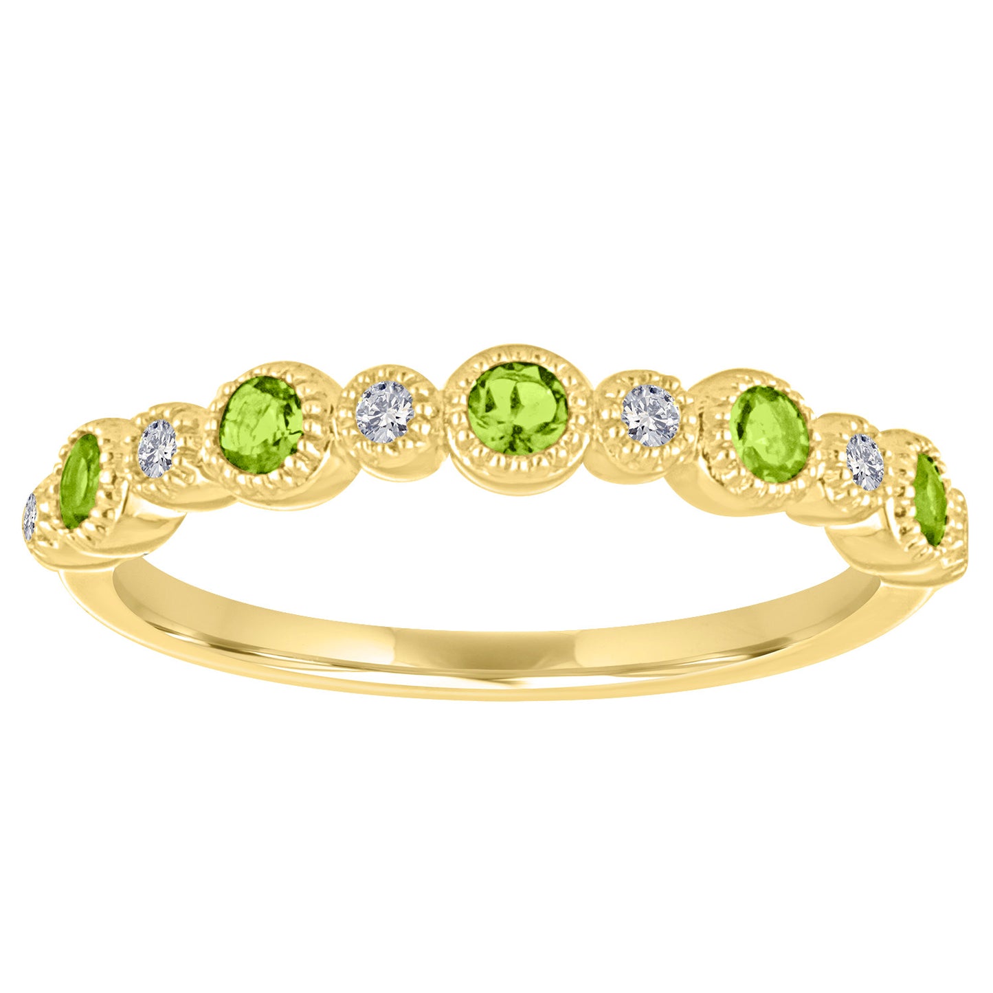 Yellow gold skinny band with large round peridots and small round diamonds.