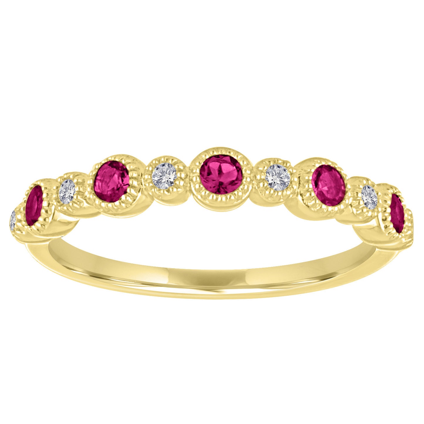 Yellow gold skinny band with large round rubies and small round diamonds.