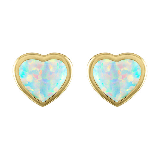Yellow gold pair of bezeled heart shaped opal earrings.