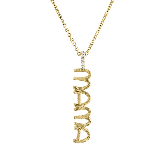 Yellow gold vertical mama necklace with fluting and a diamond bail.