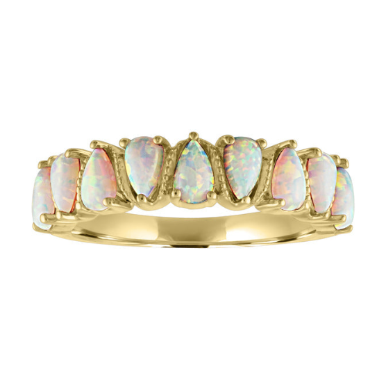 Yellow gold wide band with alternating pear shaped opals.