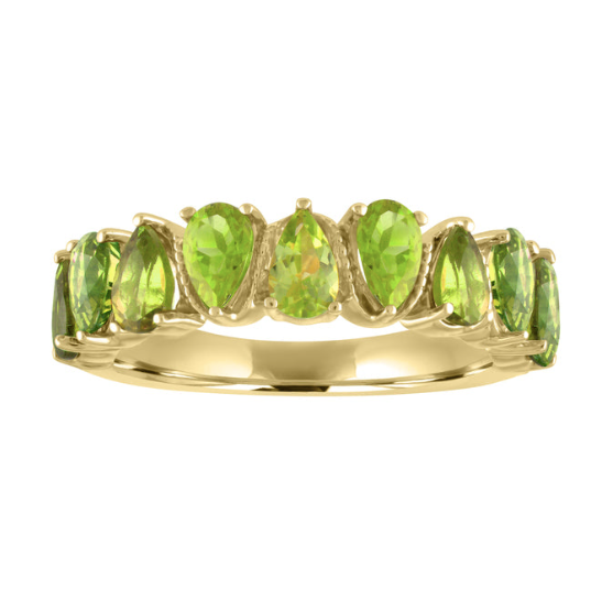 Yellow gold wide band with alternating pear shaped peridots.