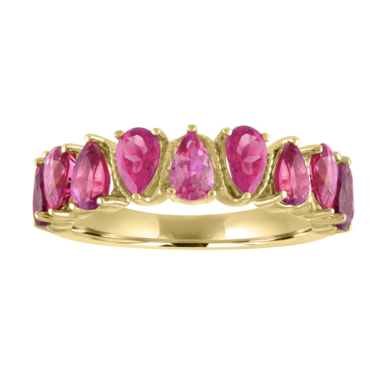 Yellow gold wide band with alternating pear shaped pink tourmalines.