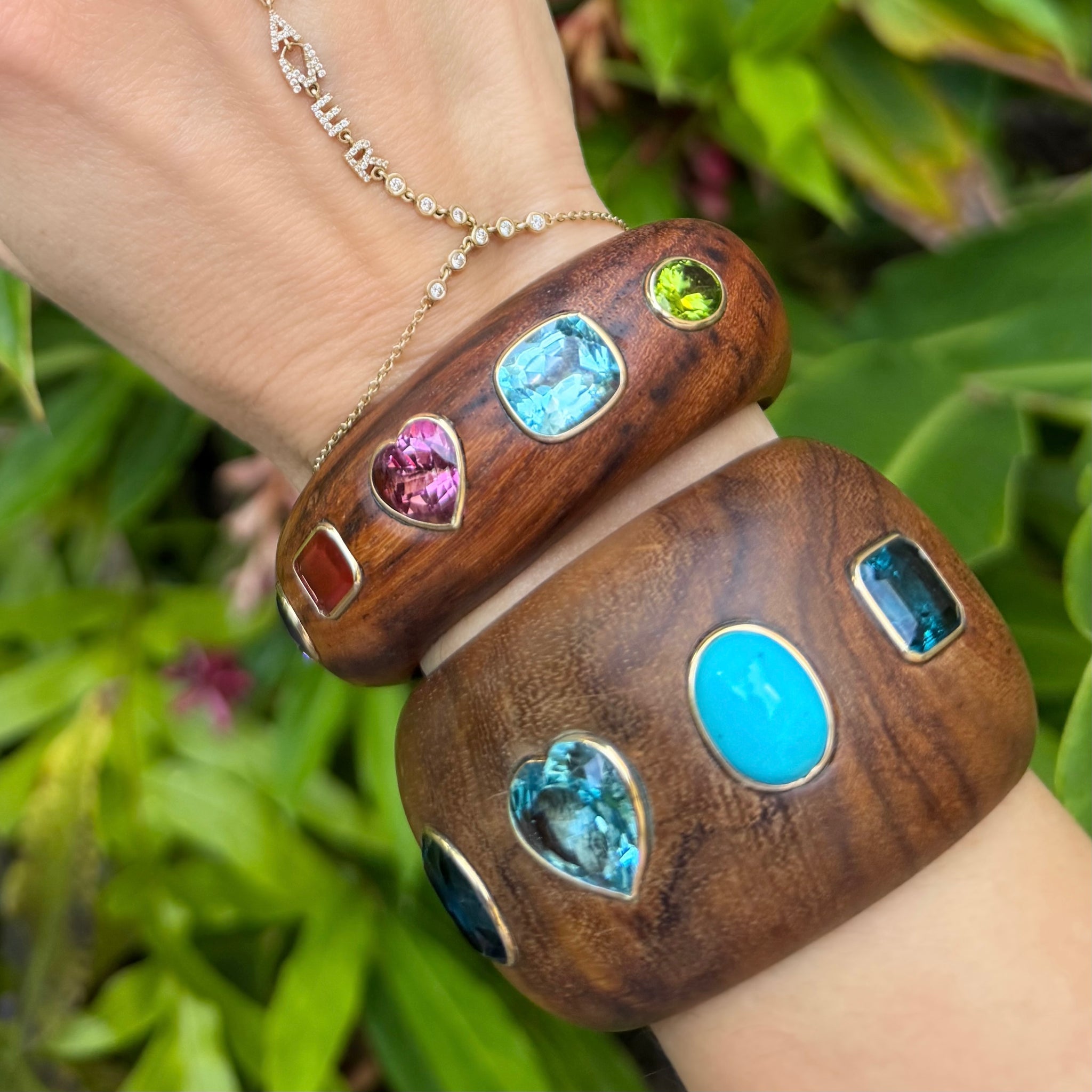 ミィ様✳️vintage調 Collage Cuff bracelet 鍵 Milestones by AB for My Story: Narrow Multi-Color Gemmy Wood Cuff