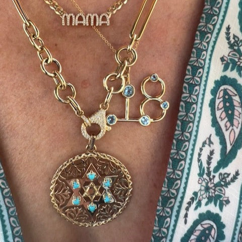 Bailey Number 18 Chai Charm Necklace 14K Yellow Gold Blue Topaz 18 Cable Chain with 16 Jump Ring