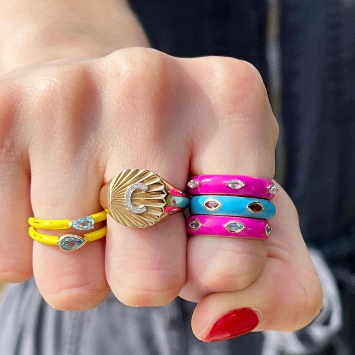 Sunshine Ring Powder Blue Enamel 14K Yellow Gold Pink Tourmaline Siz My Story By Jackie Cohen