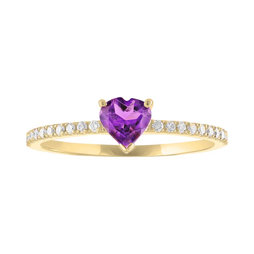 Thin banned yellow gold ring with heart shaped amethyst and round diamonds on the shank