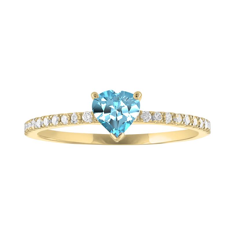 Thin banned yellow gold ring with heart shaped aquamarine and round diamonds on the shank