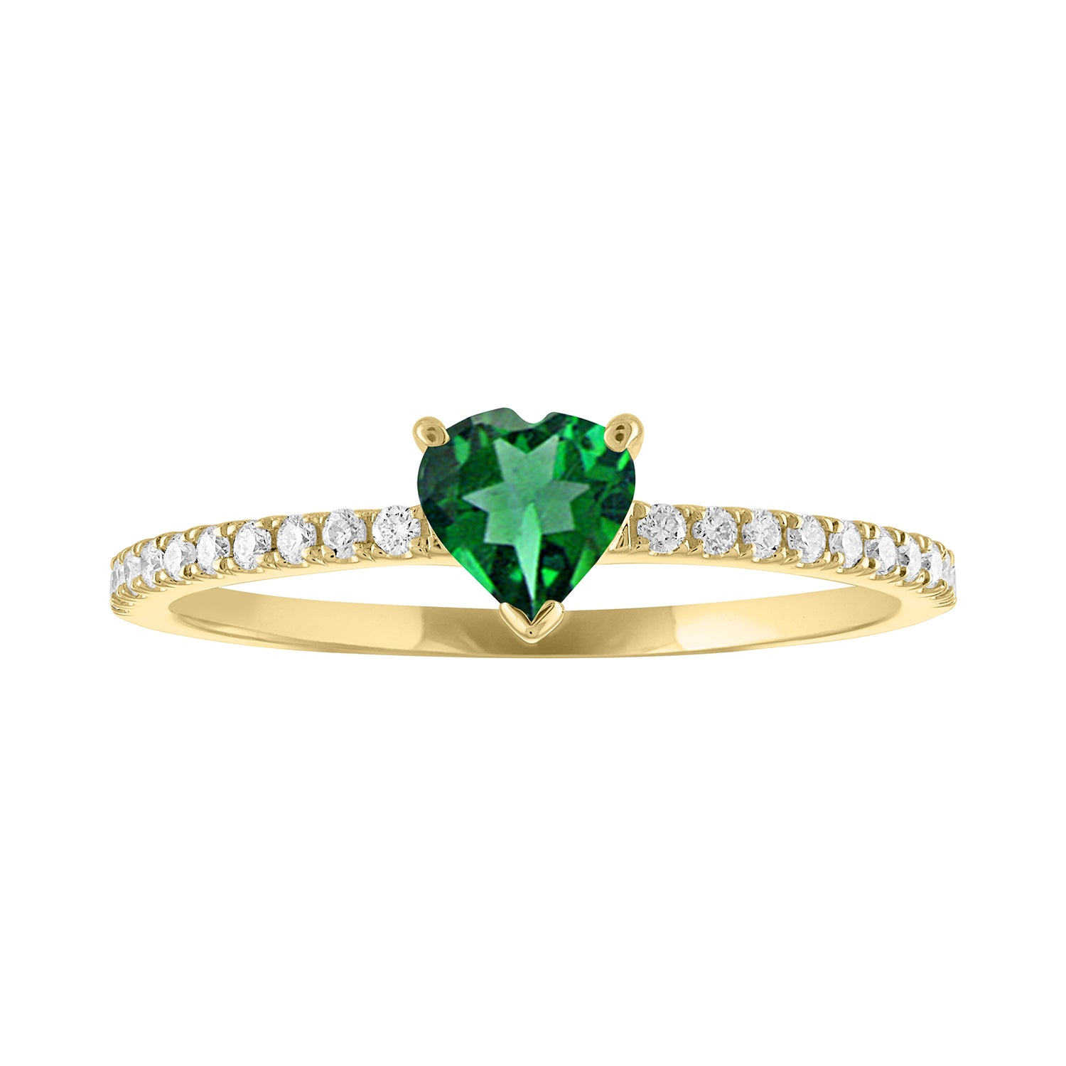 Thin banned yellow gold ring with heart shaped emerald and round diamonds on the shank