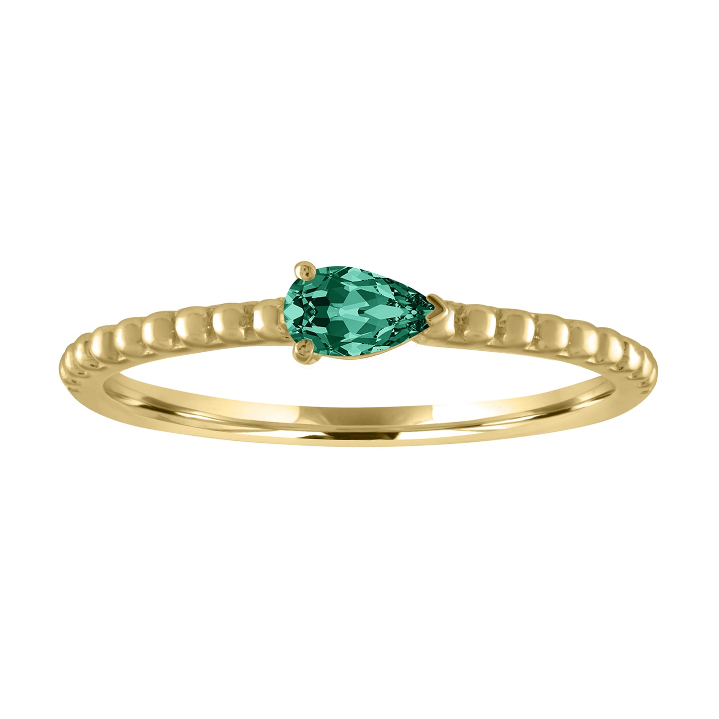 Yellow gold beaded skinny band with a pear shaped emerald in the center. 