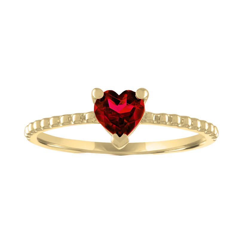 Yellow gold beaded skinny band with a heart shaped garnet in the center. 