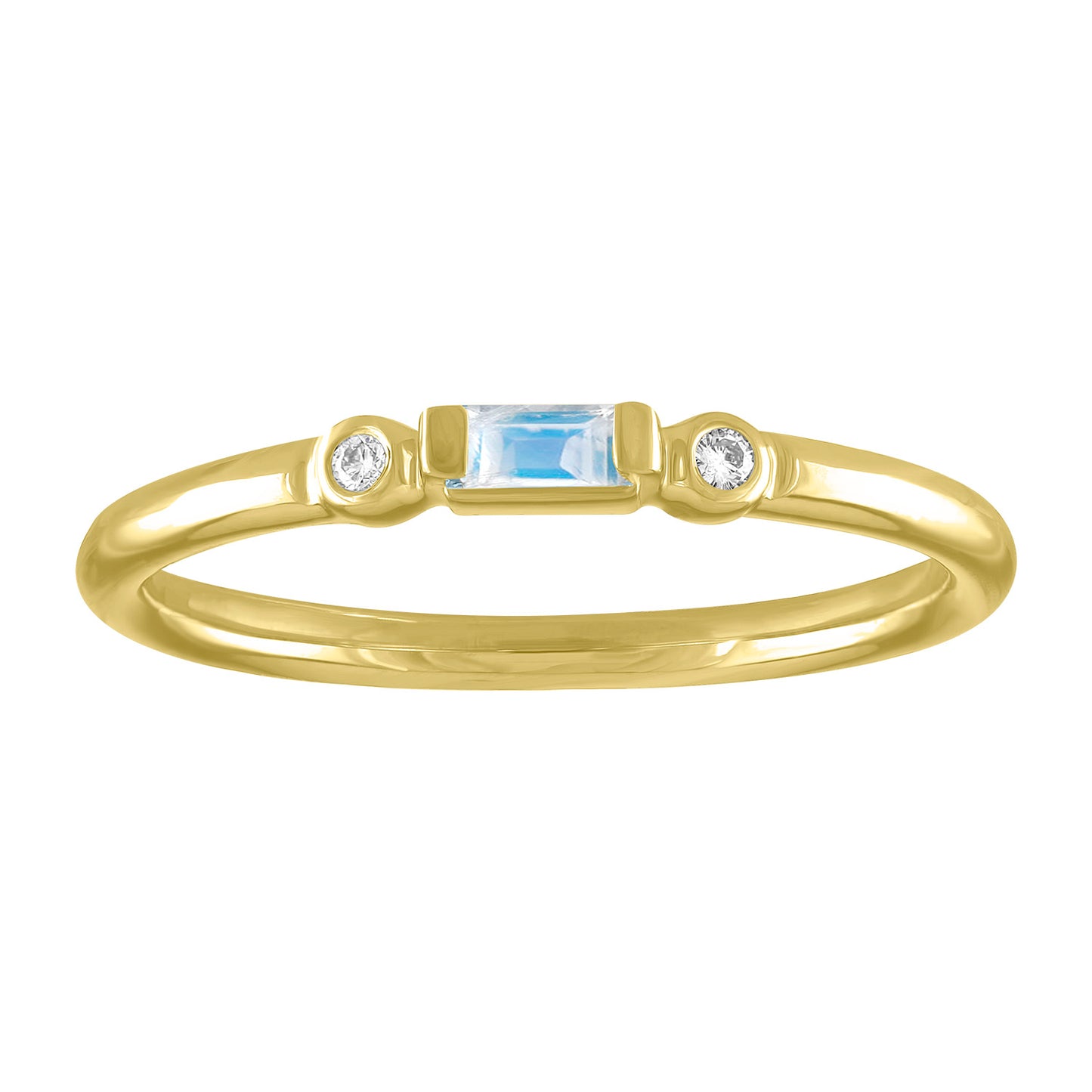 Yellow gold skinny band with a moonstone baguette in the center and two round diamonds on the side. 