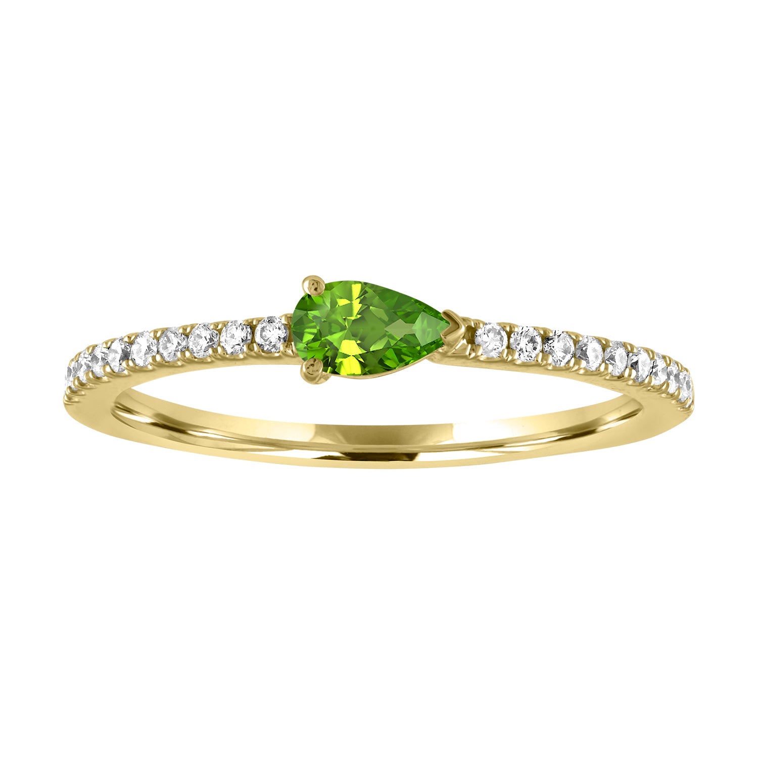 Yellow gold skinny band with a pear shaped peridot in the center and round diamonds on the shank. 