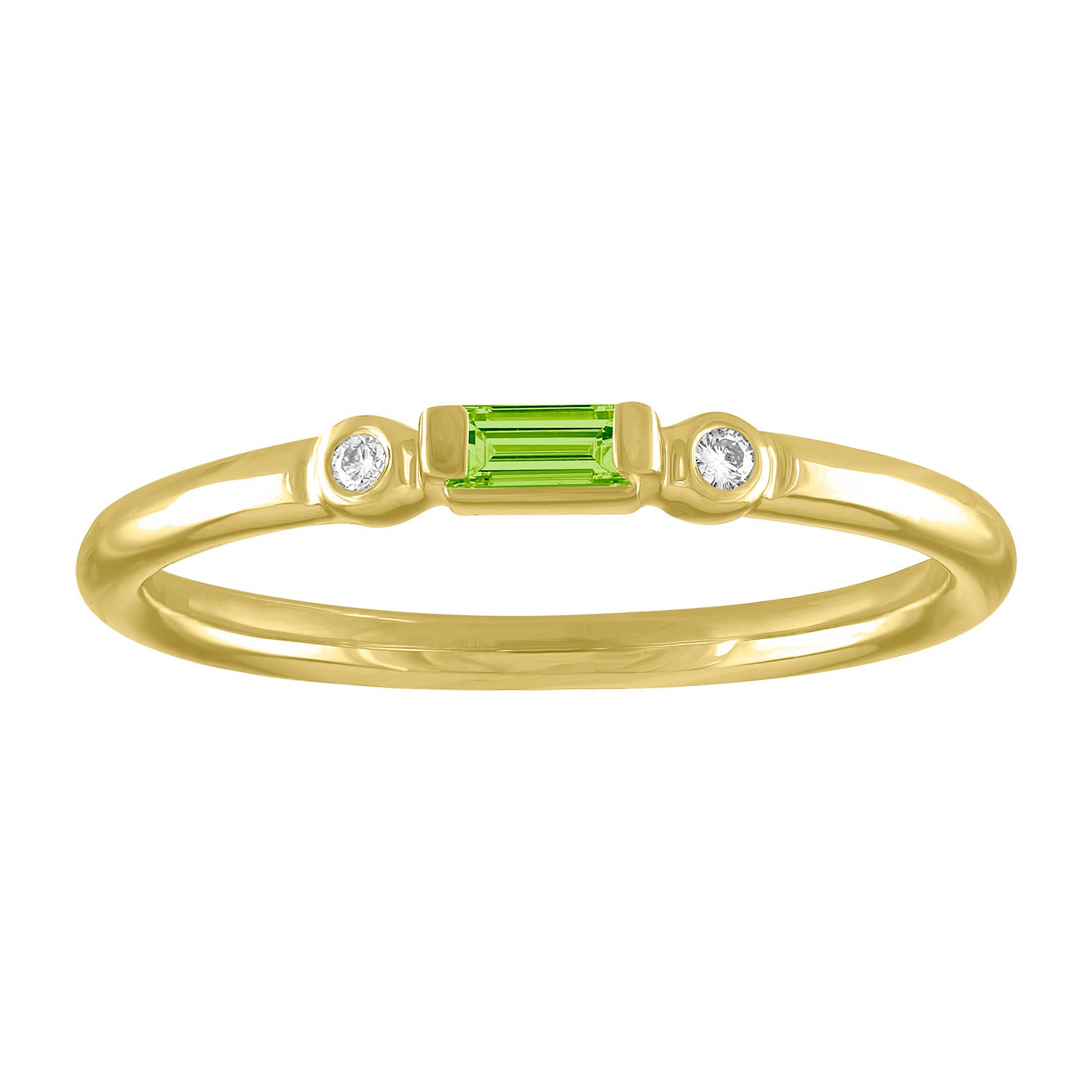 Yellow gold skinny band with a peridot baguette in the center and two round diamonds on the side. 