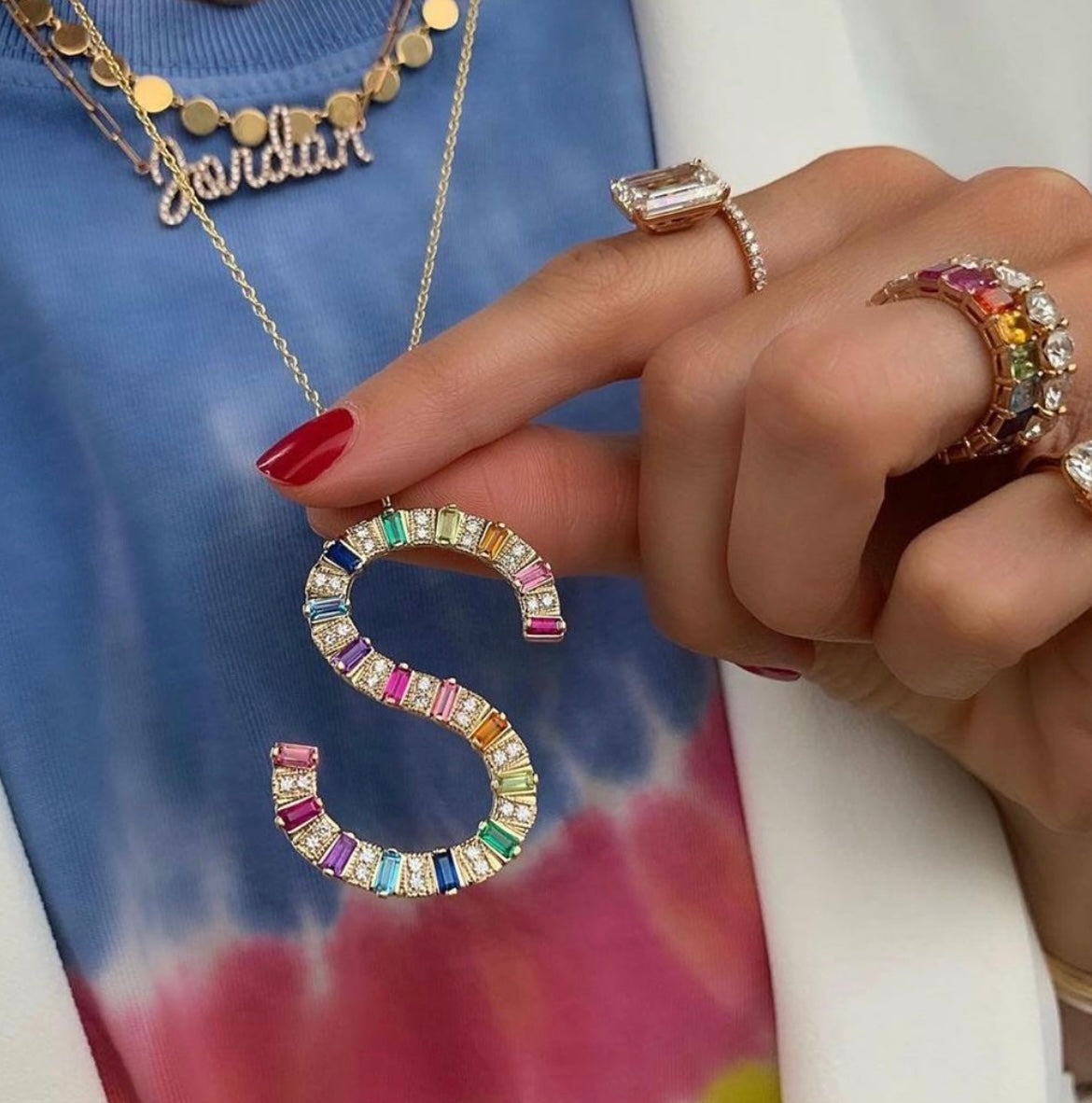 Jumbo initial necklace with rainbow baguettes