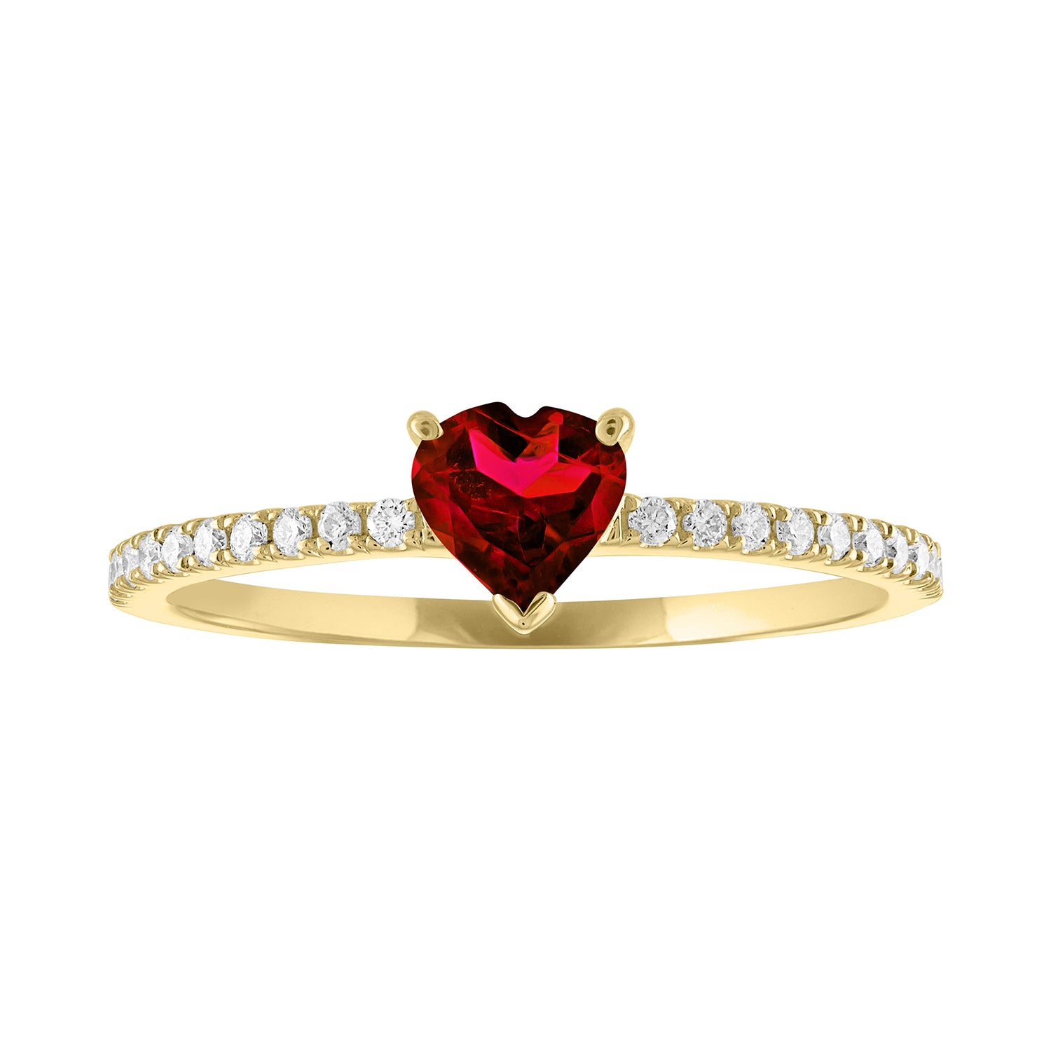 Thin banned yellow gold ring with heart shaped ruby and round diamonds on the shank 