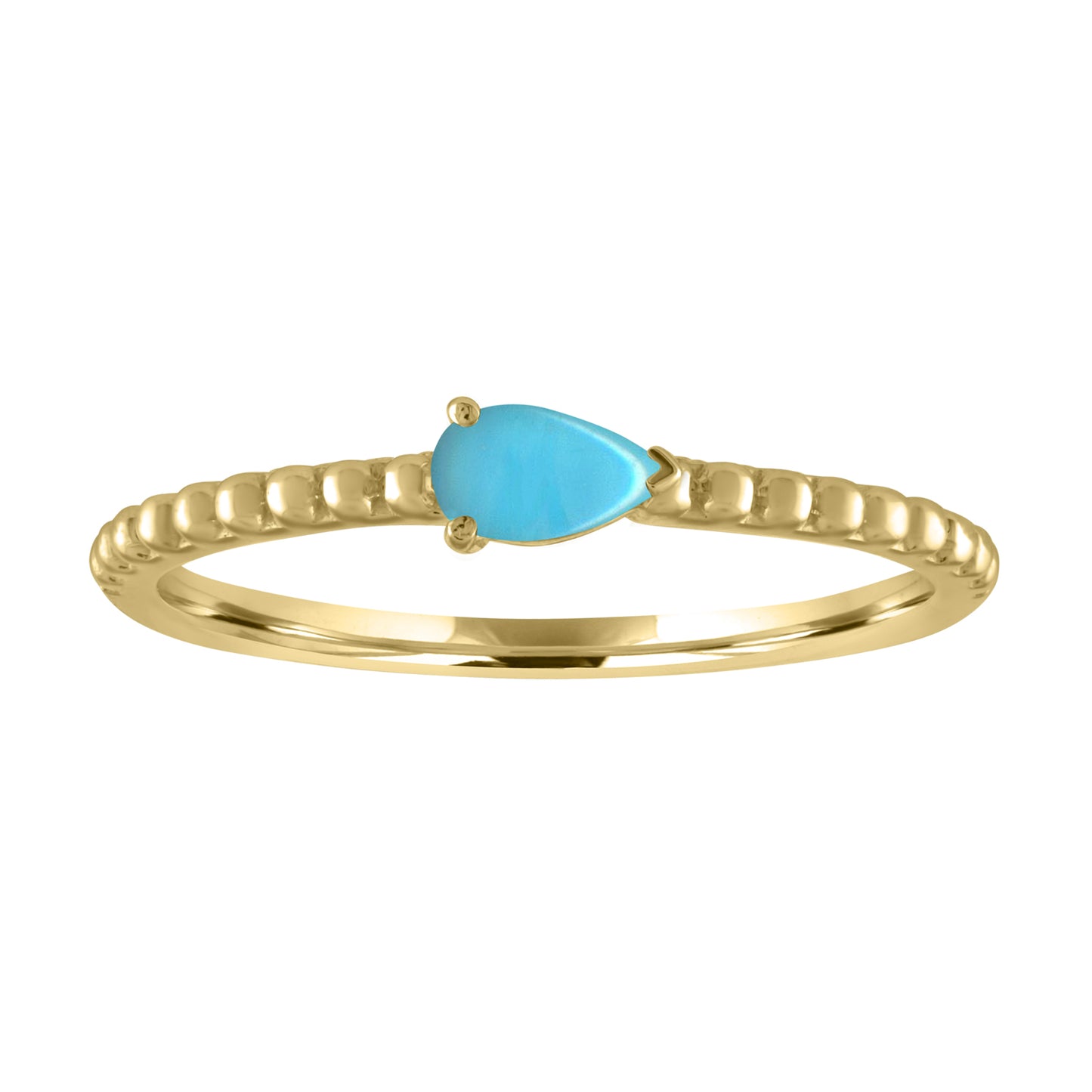 Yellow gold beaded skinny band with a pear shaped turquoise in the center. 