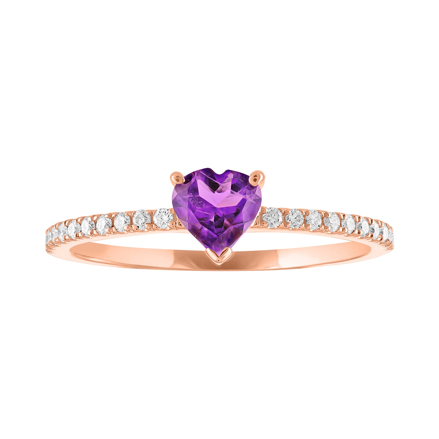 Thin banned rose gold ring with heart shaped amethyst and round diamonds on the shank