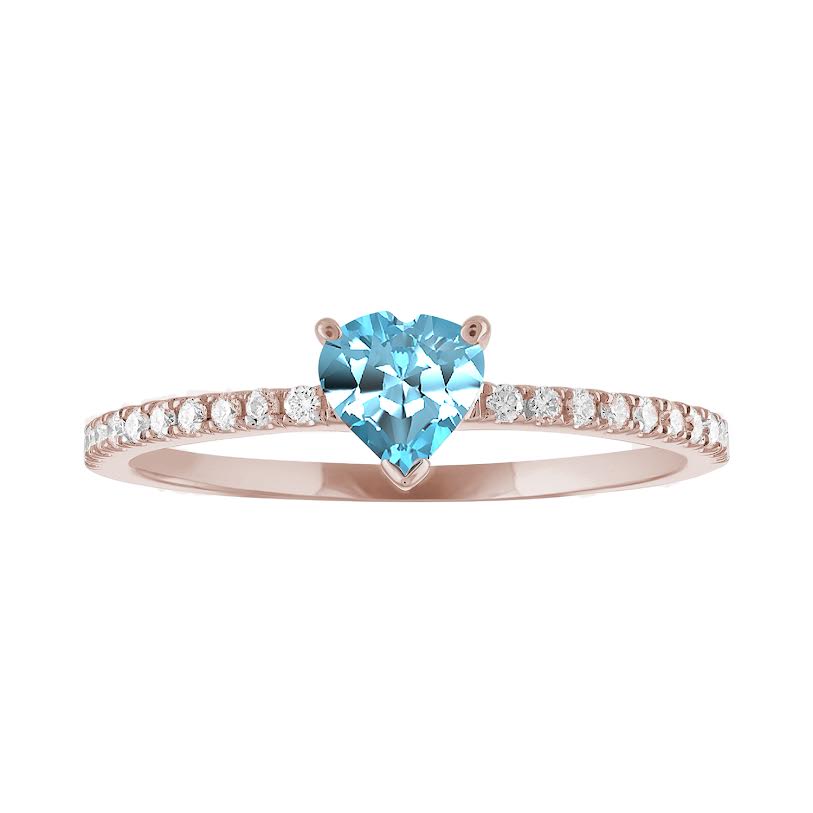 Thin banned rose gold ring with heart shaped aquamarine and round diamonds on the shank
