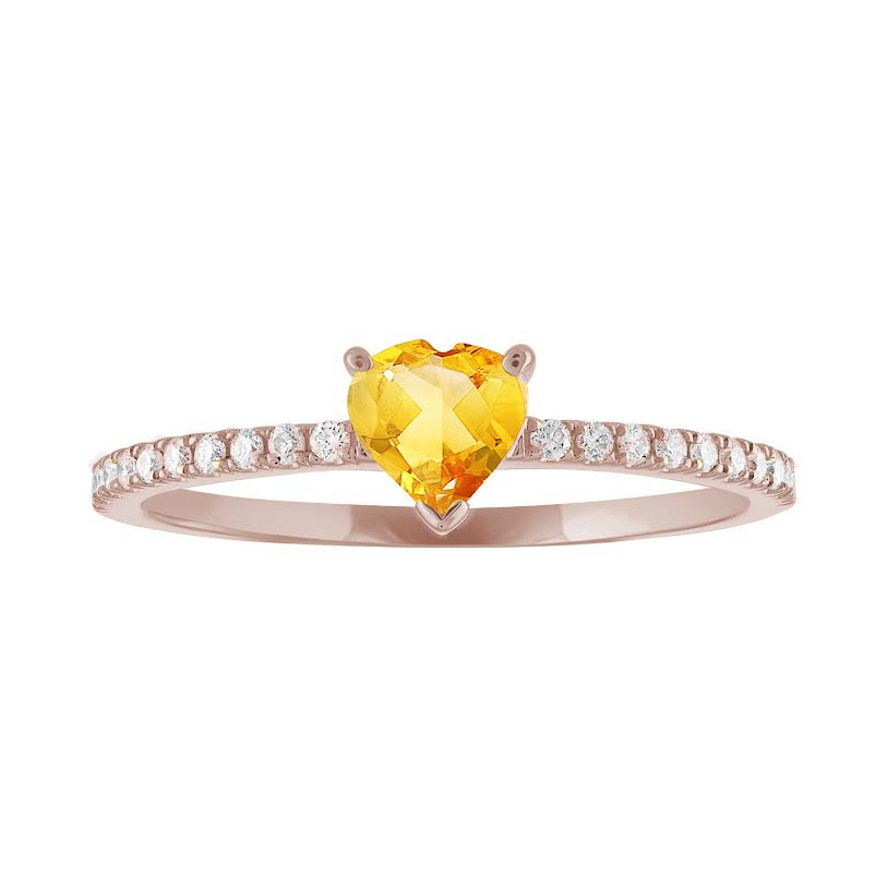 Thin banned rose gold ring with heart shaped citrine and round diamonds on the shank