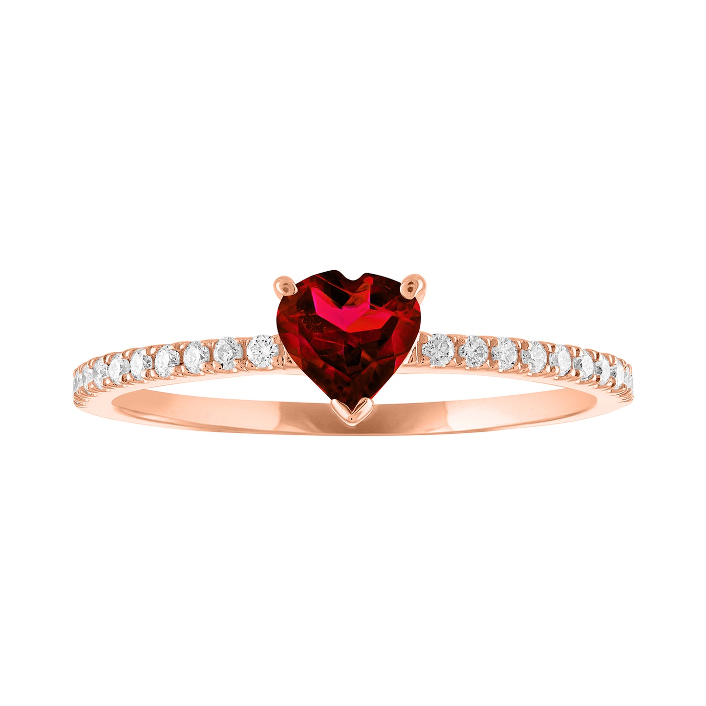 Thin banned rose gold ring with heart shaped ruby and round diamonds on the shank