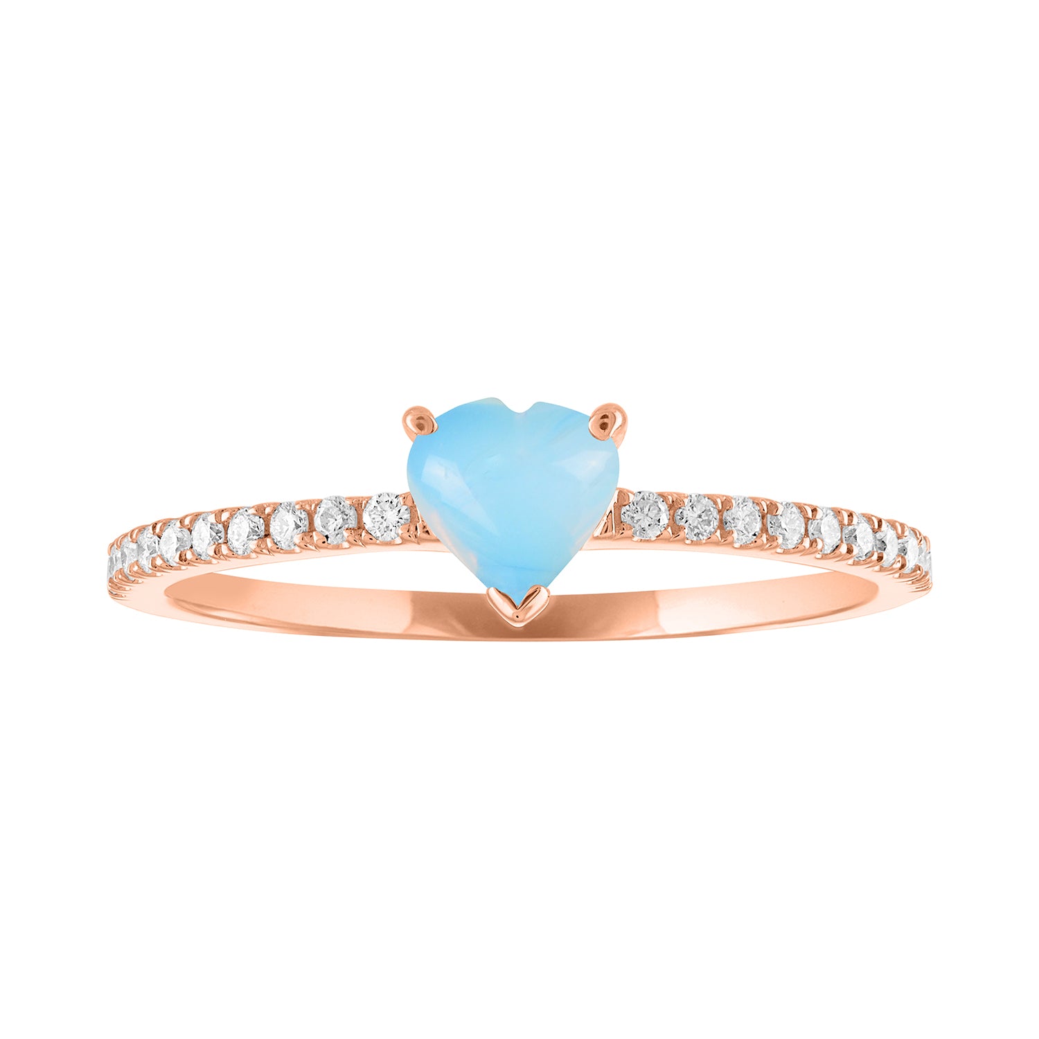 Thin banned rose gold ring with heart shaped moonstone and round diamonds on the shank