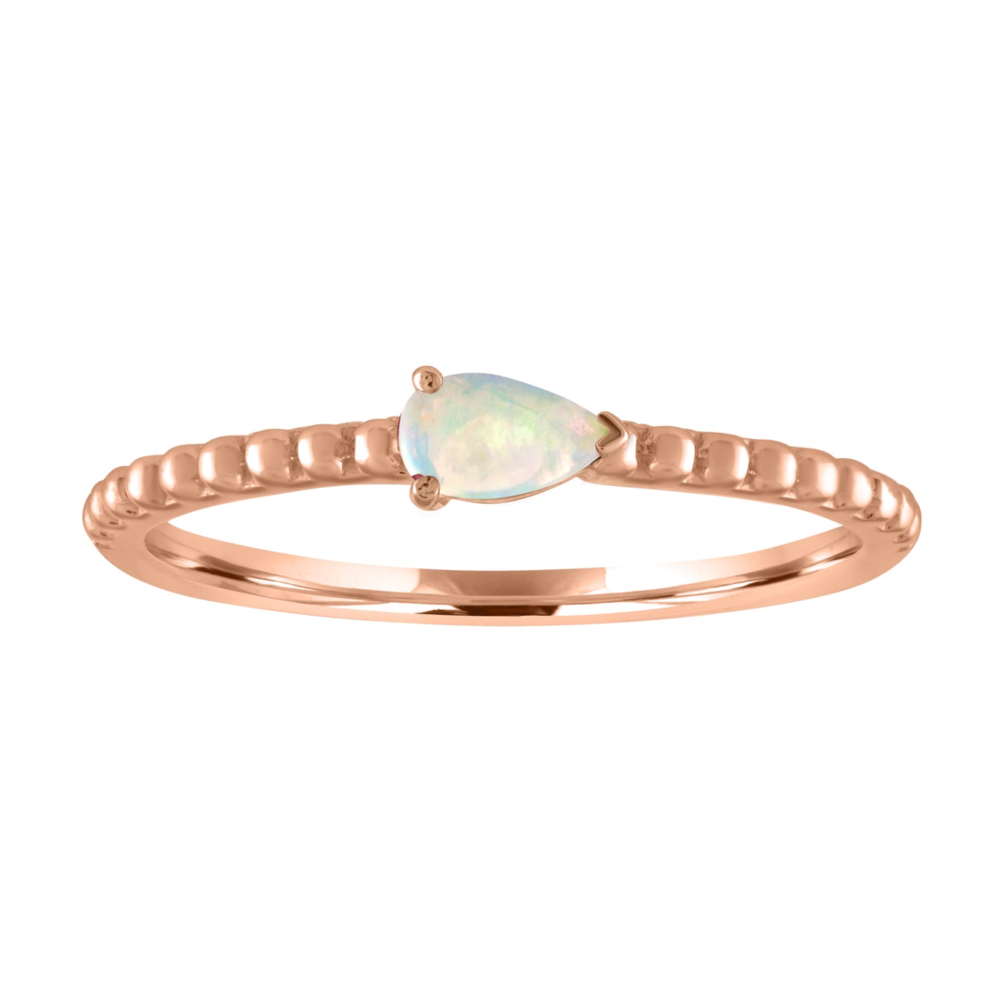 Rose gold beaded skinny band with a pear shaped opal in the center. 