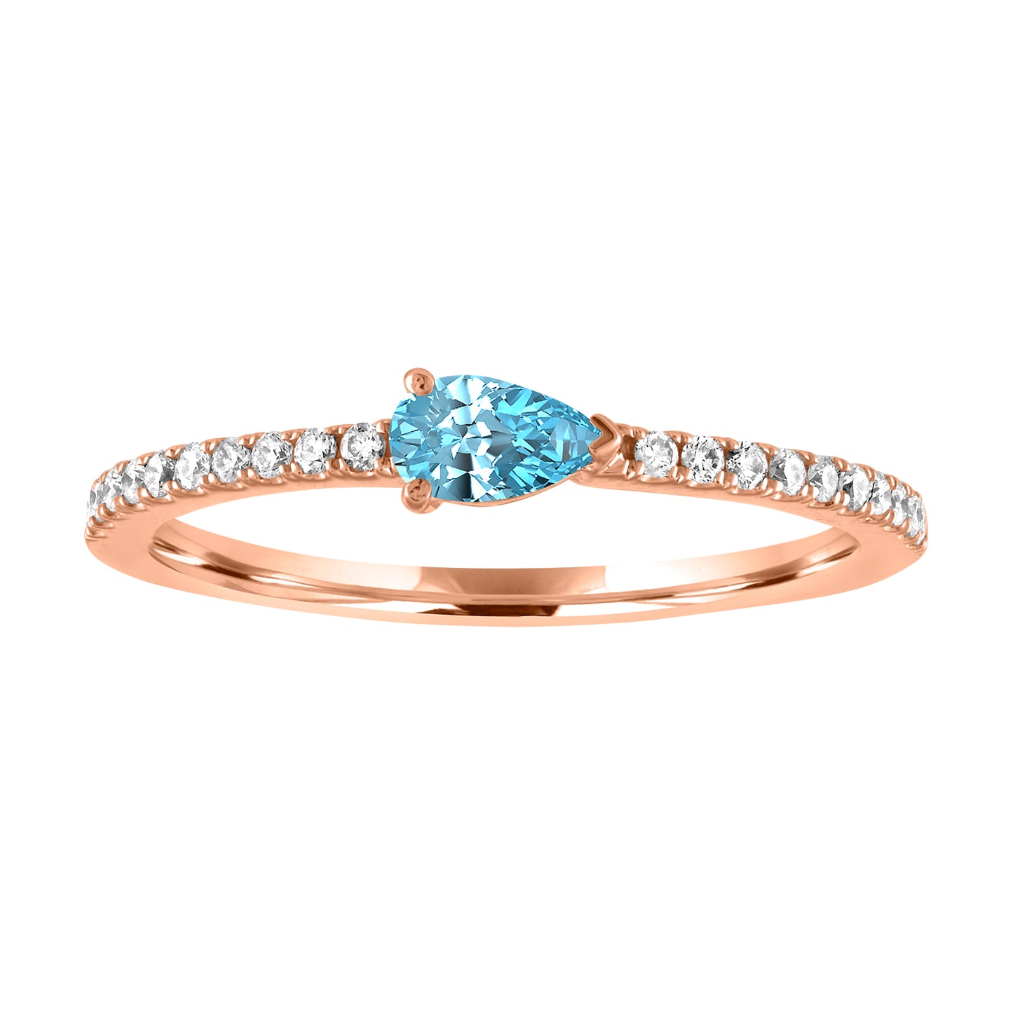 Rose gold skinny band with a pear shaped aquamarine in the center and round diamonds on the shank. 