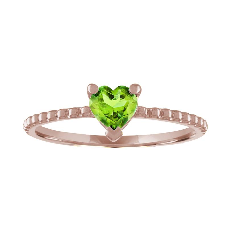 Rose gold beaded skinny band with a heart shaped peridot in the center. 