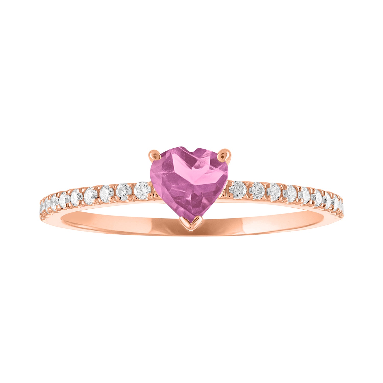 Thin banned rose gold ring with heart shaped pink tourmaline and round diamonds on the shank