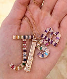 Mini rose gold initial necklace with amethyst baguettes and round diamonds 