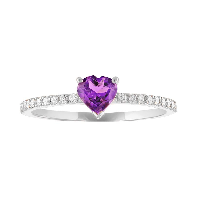 Thin banned white gold ring with heart shaped amethyst and round diamonds on the shank