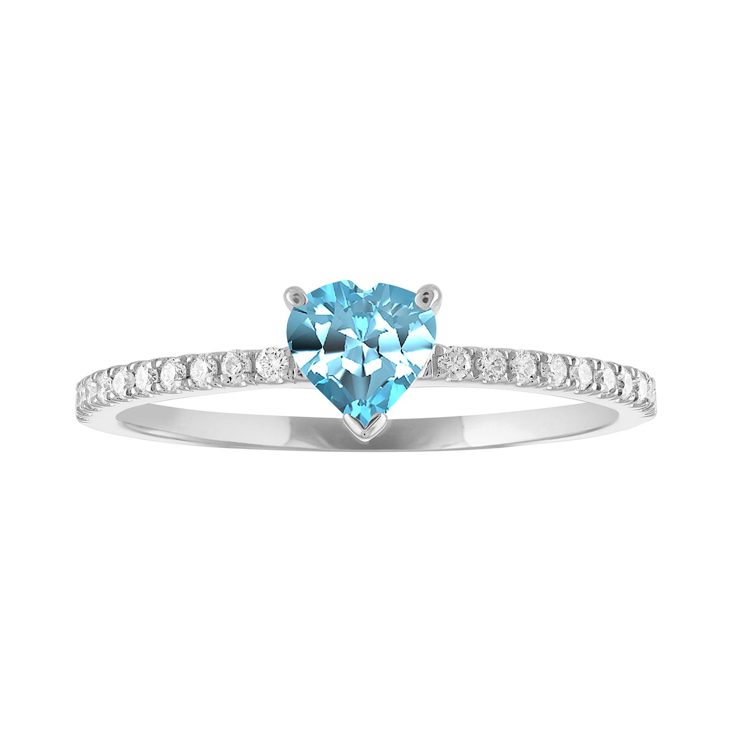 Thin banned white gold ring with heart shaped blue topaz and round diamonds on the shank