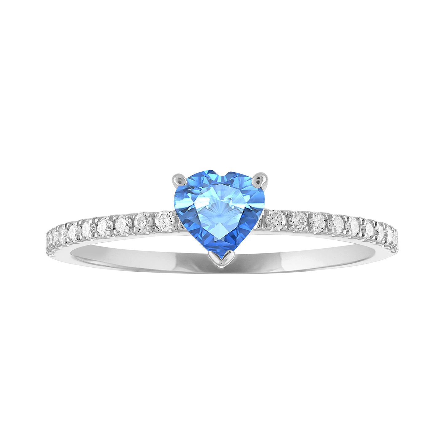 Thin banned white gold ring with heart shaped blue topaz and round diamonds on the shank