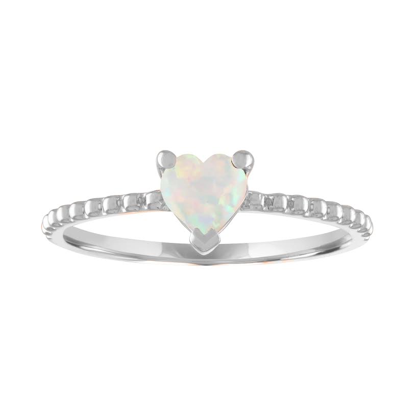 White gold beaded skinny band with a heart shaped opal in the center. 