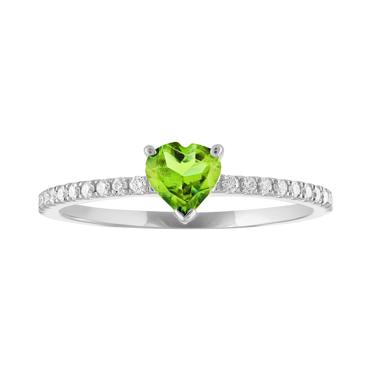 Thin banned white gold ring with heart shaped peridot and round diamonds on the shank