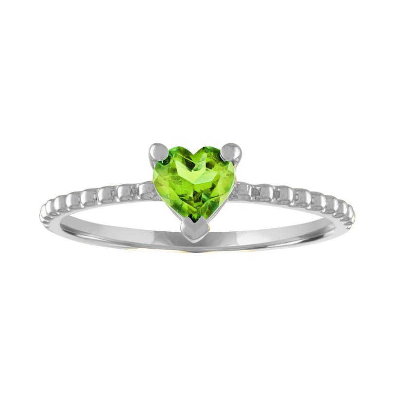 White gold beaded skinny band with a heart shaped peridot in the center. 