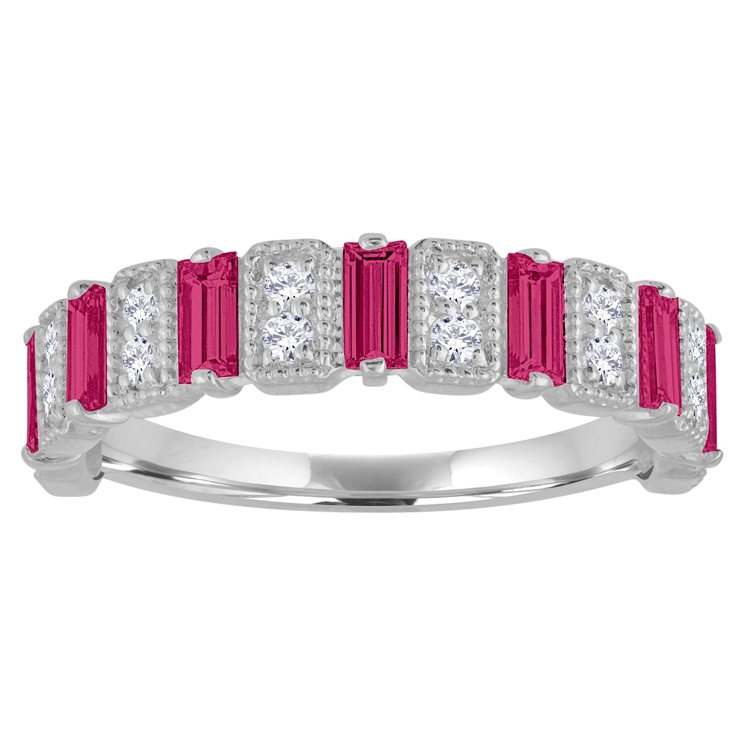 White gold wide band with ruby baguettes and round diamonds.