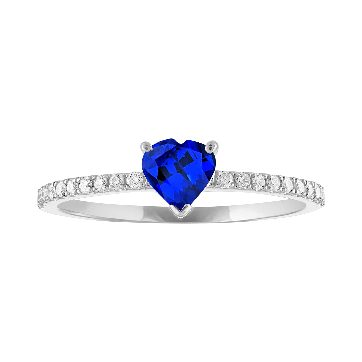 Thin banned white gold ring with heart shaped sapphire and round diamonds on the side 