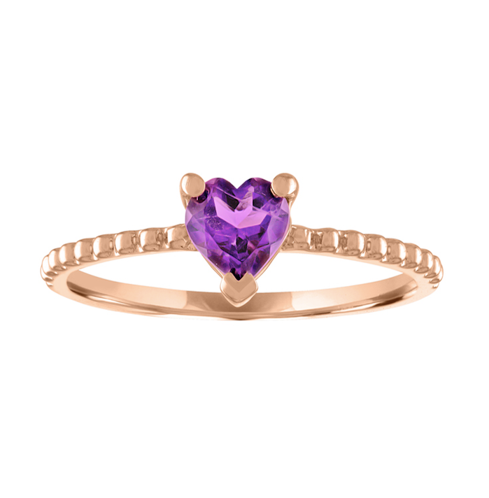 Rose gold beaded skinny band with a heart shaped amethyst in the center. 