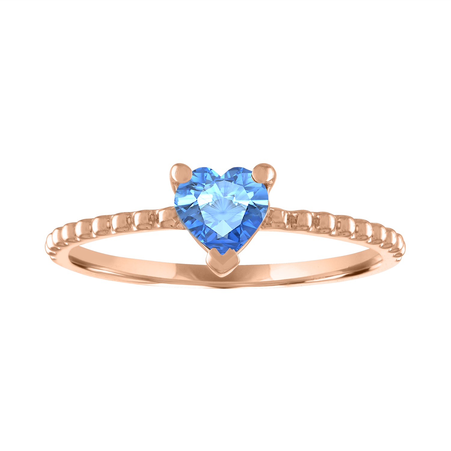Rose gold beaded skinny band with a heart shaped blue topaz in the center. 