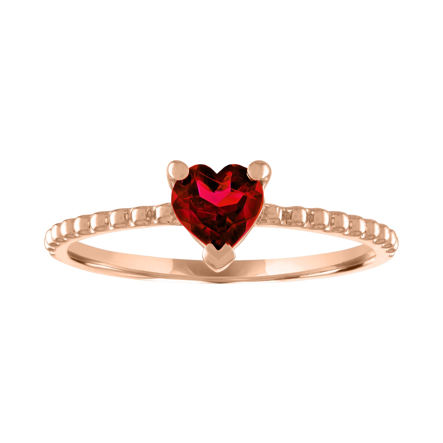 Rose gold beaded skinny band with a heart shaped garnet in the center. 