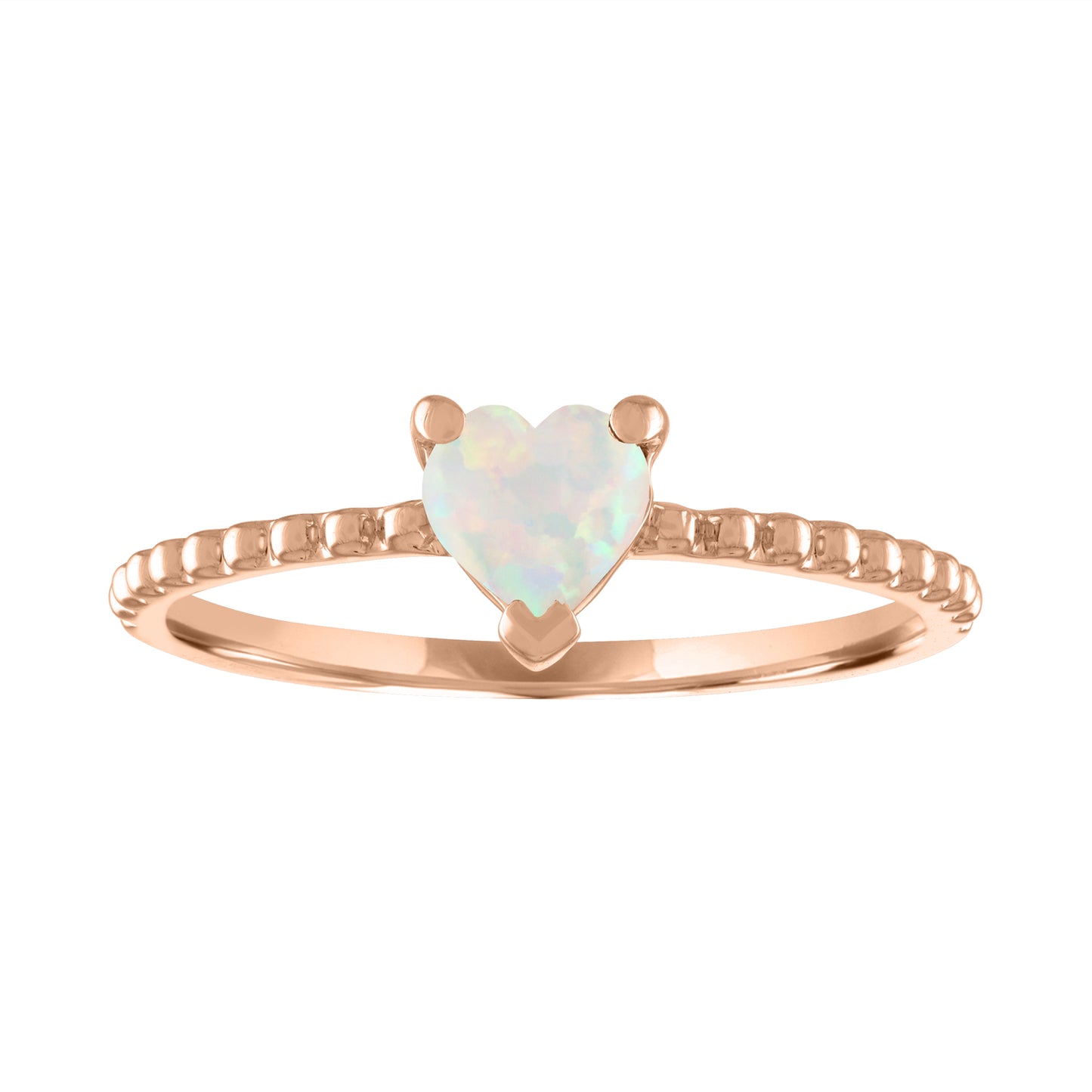 Rose gold beaded skinny band with a heart shaped opal in the center. 
