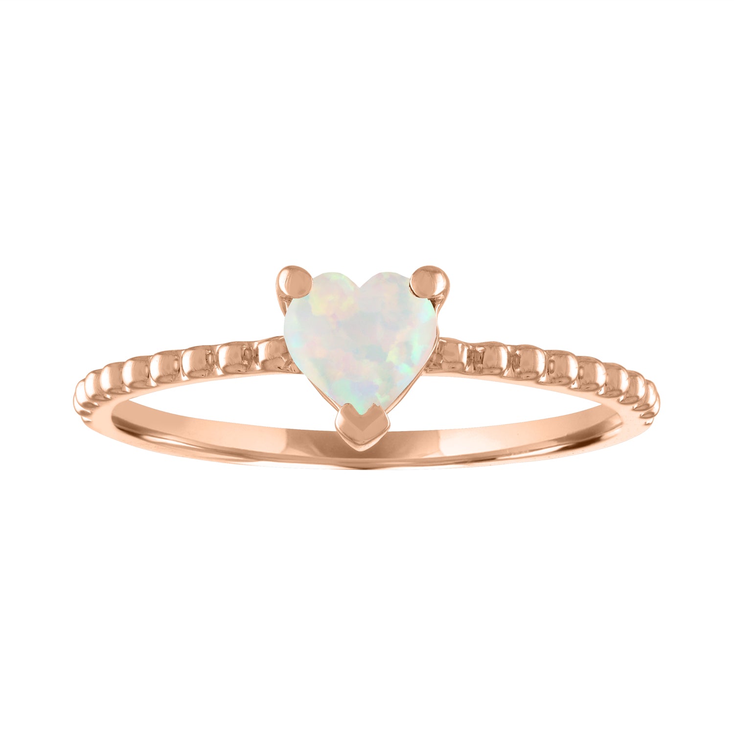 Rose gold beaded skinny band with a heart shaped opal in the center. 