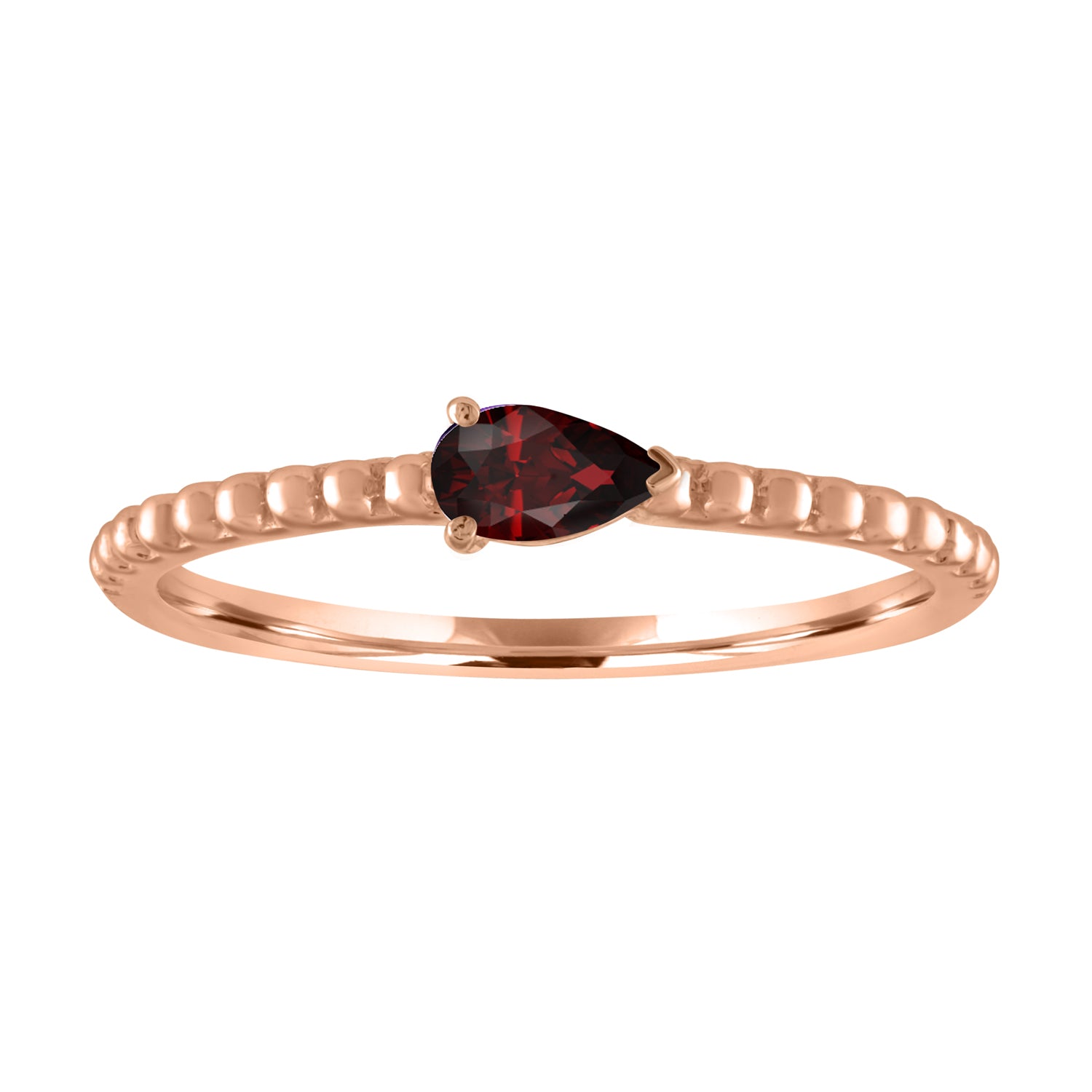 Rose gold beaded skinny band with a pear shaped garnet in the center. 