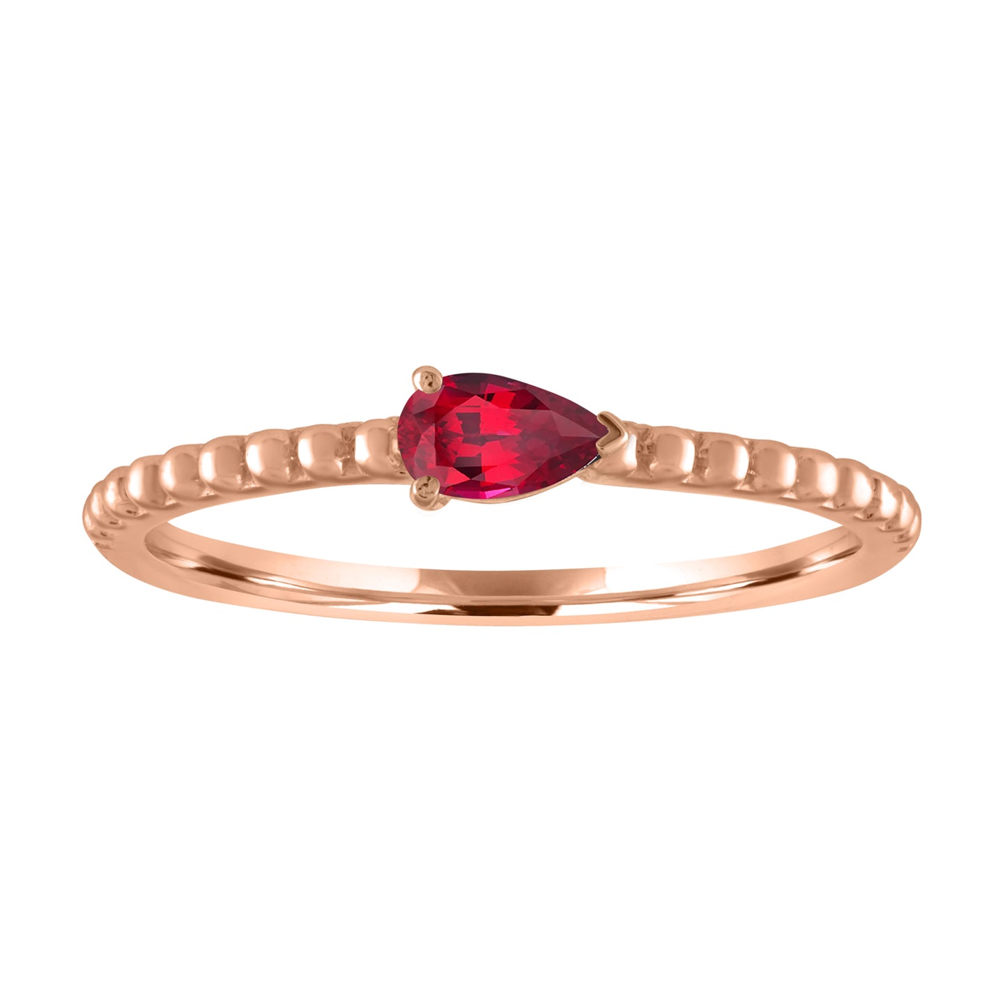 Rose gold beaded skinny band with a pear shaped ruby in the center. 
