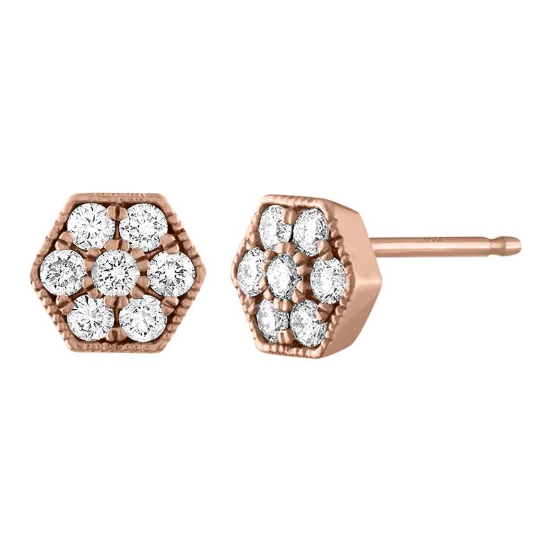 Rose gold pair of hexagon earrings with round diamonds.