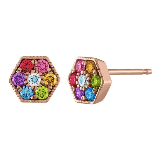 Rose gold pair of hexagon earrings with round multicolor stones.