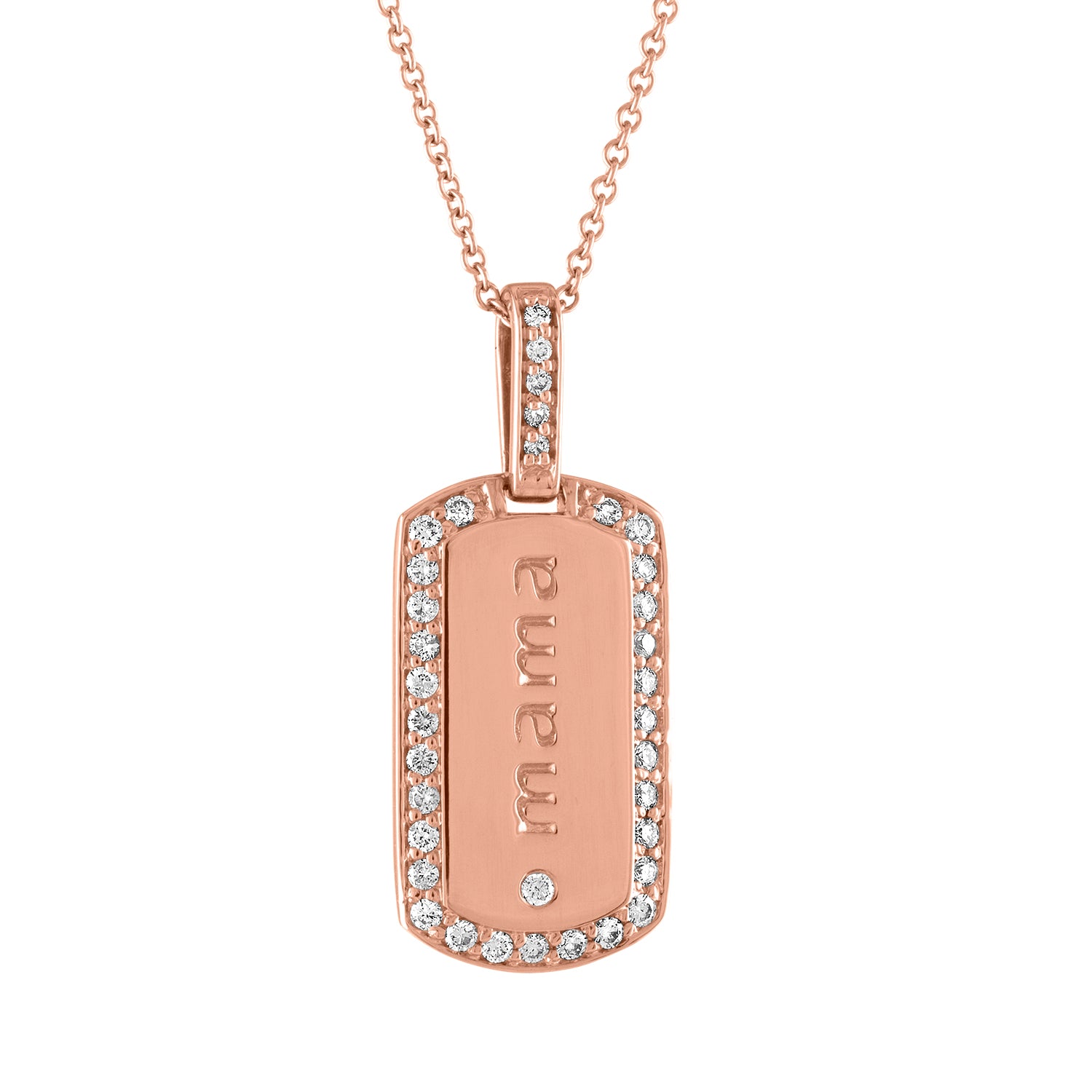 Rose gold mama dog tag necklace with round diamonds around the border. 